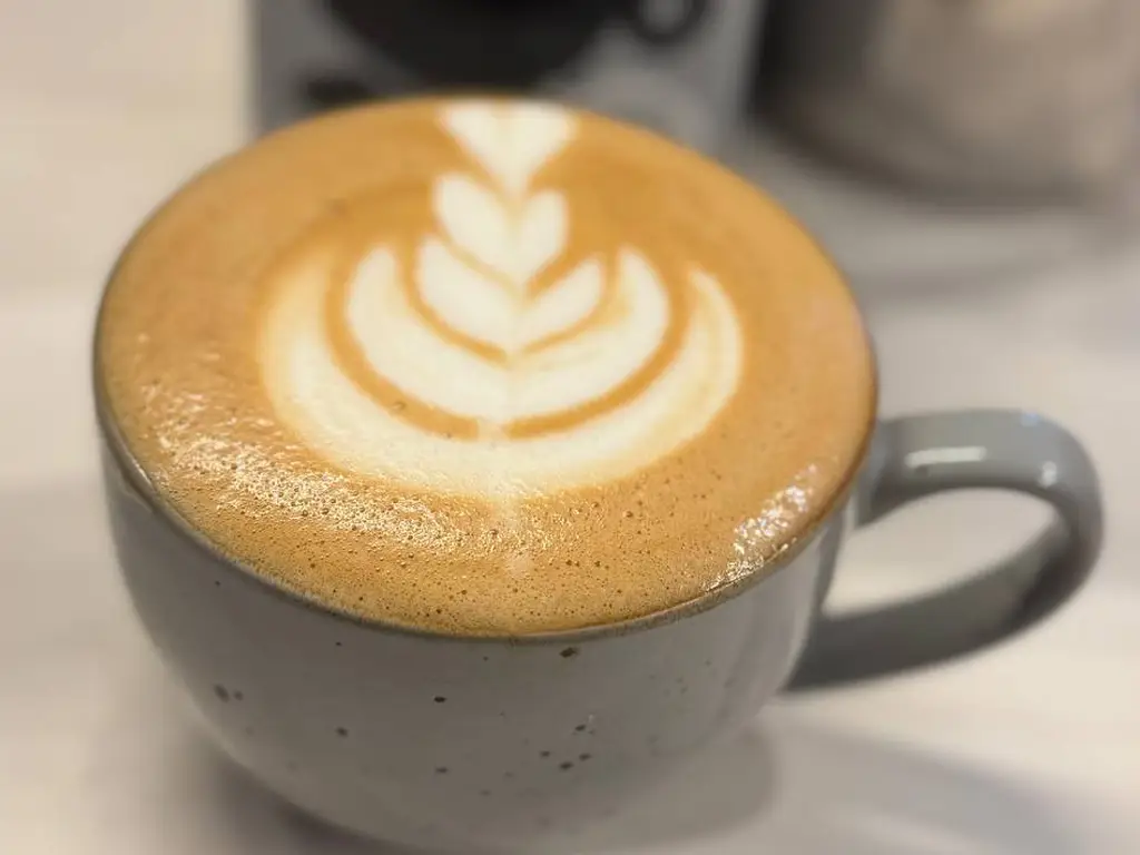 Das Bild zeigt eine liebevoll zubereitete Kaffeespezialiät. Die braune Crema wurde mit konrastreicher weißer Milch mit mehreren zu einer Pflanze stilisierten Herzen verziert.